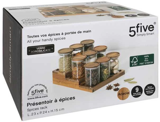 5five Simply Smart HARMONY prieskonių stiklainiai ant medinės lentynos, 9 x 180 ml