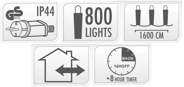 Mondex Tanki elektrinė girlianda CLUSTER, IP44, 800 LED, 8 režimai, įvairių sp., 16m