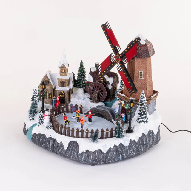 Šventinė dekoracija Fééric Lights and Christmas Kalėdų kaimelis su apšvietimu ir judančiu malūnėliu