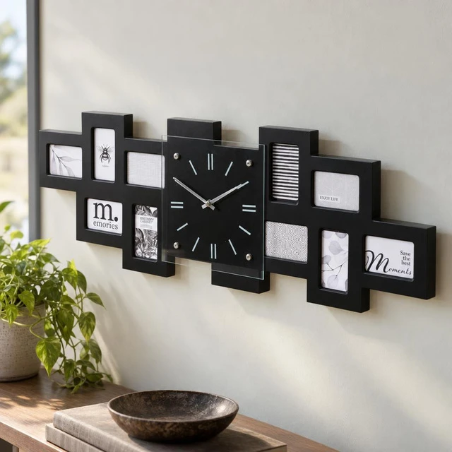 Home Styling Collection Sieninis laikrodis su 10 juodų nuotraukų rėmelių, 80 x 4 x 26 cm