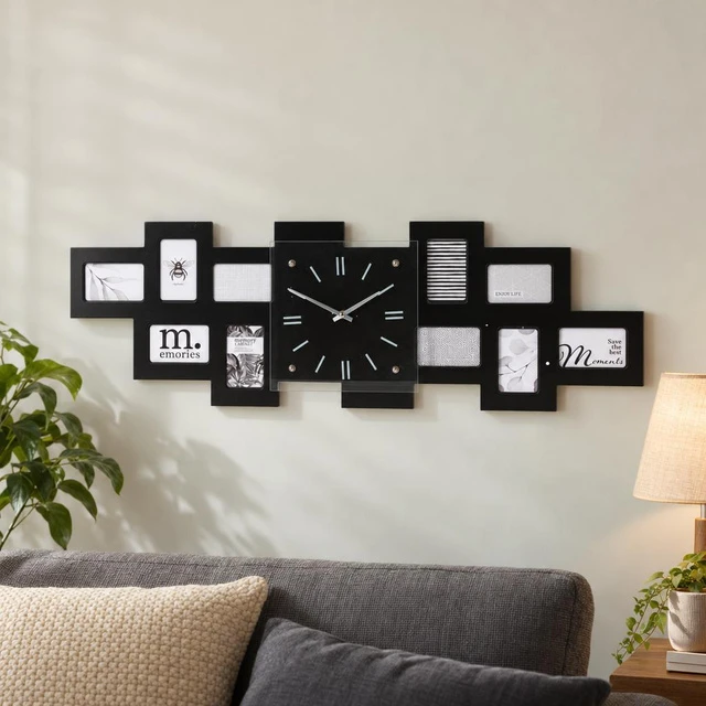 Home Styling Collection Sieninis laikrodis su 10 juodų nuotraukų rėmelių, 80 x 4 x 26 cm