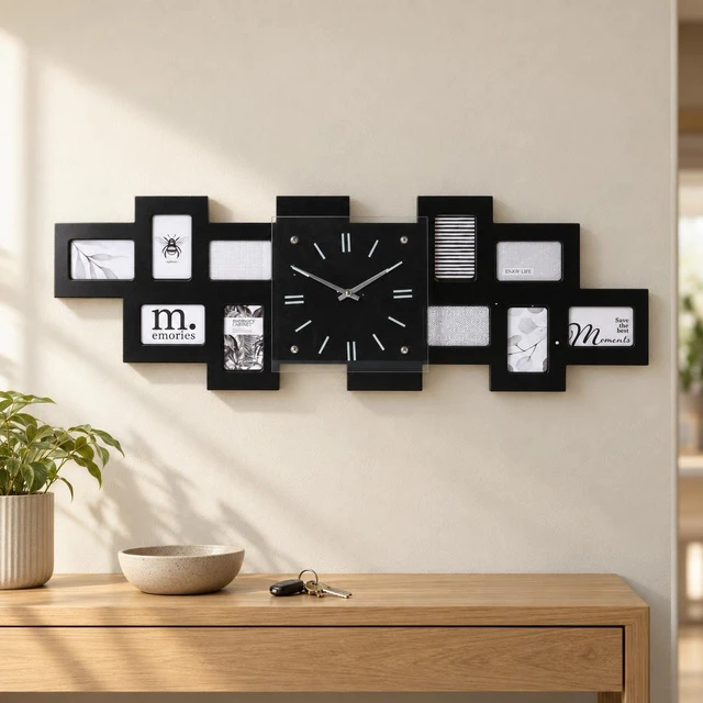 Home Styling Collection Sieninis laikrodis su 10 juodų nuotraukų rėmelių, 80 x 4 x 26 cm