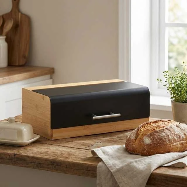 Large bamboo bread box ZELLER, juodas, 36 x 20 x 13 cm