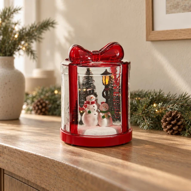 Home Styling Collection LED kalėdinis žibintas, stiklinė dovana su sniego seniais, 13 x 13 x 17 cm
