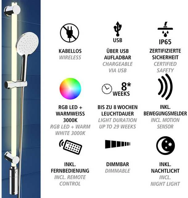 LED dušo laikiklis su dušo ausinėmis, 12 spalvų, komplektas, WENKO