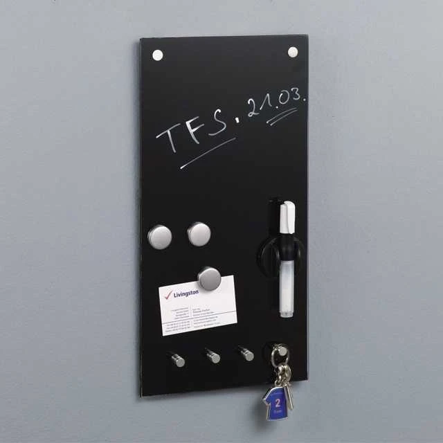 MEMO stiklo lenta užrašams, juoda + 3 magnetai ir 4 kabliukai, 40x20 cm, ZELLER