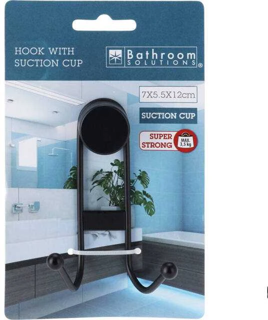 Bathroom Solutions Dvigubas Kabliukas Su Siurbtuku, Juodas, 6,5x5,5x10 cm