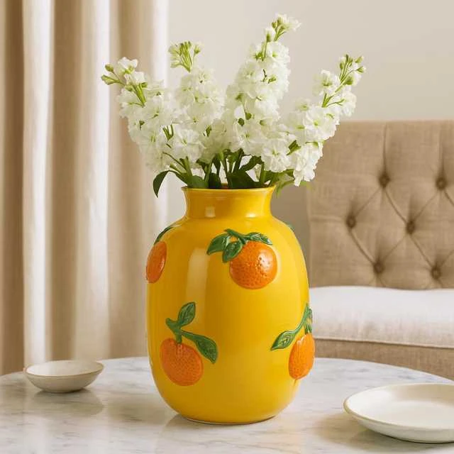 Home Styling Collection Oranžinė gėlių vaza su oranžiniu raštu GORT, Ø 17 x 25 cm, geltona