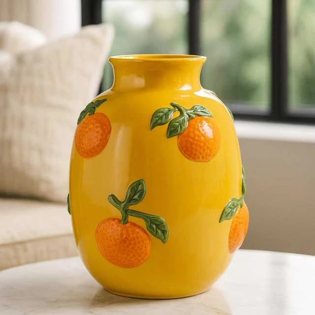 Home Styling Collection Oranžinė gėlių vaza su oranžiniu raštu GORT, Ø 17 x 25 cm, geltona