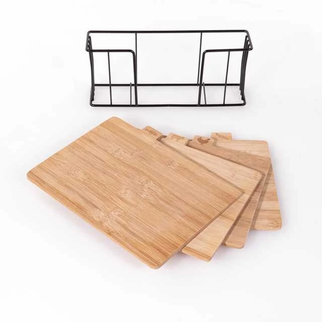 Excellent Houseware PIECES Bambukinės pjaustymo lentos, 4 dalys ant metalinio stovo