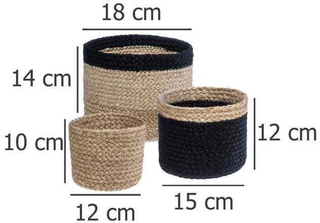 Hs Decoration PIECES Sandėliavimo krepšeliai iš džiuto, apvalūs, 3 vnt., natūrali spalva + juoda
