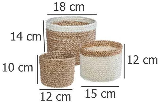 Hs Decoration PIECES Sandėliavimo krepšeliai iš džiuto, apvalūs, 3 vnt., natūrali spalva + balta