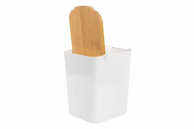 5five Simply Smart Bamboo Plastikinė šiukšlių dėžė su bambukiniu dangteliu, 5L, baltas
