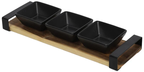 KOOPMAN Užkandžių dubenėlių keraminė juoda ant padėklo 32 cm 4 vnt.