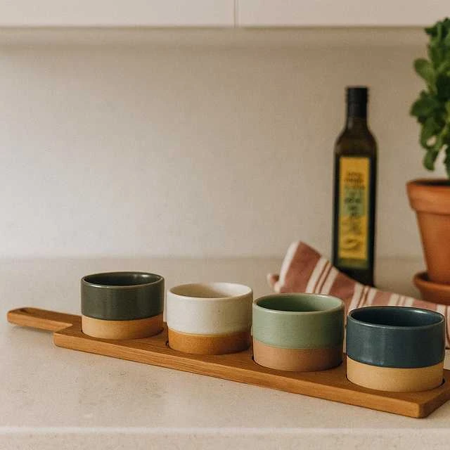 Secret De Gourmet PIECES Keraminiai užkandžių dubenėliai VOYO, 4 vnt. stačiakampiame padėkle.