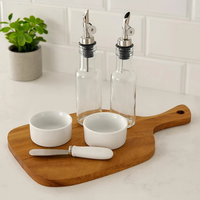 KOOPMAN Serving set of 6 pieces, wooden tray with bowls and bottles, 32.5 x 19.5 cm
