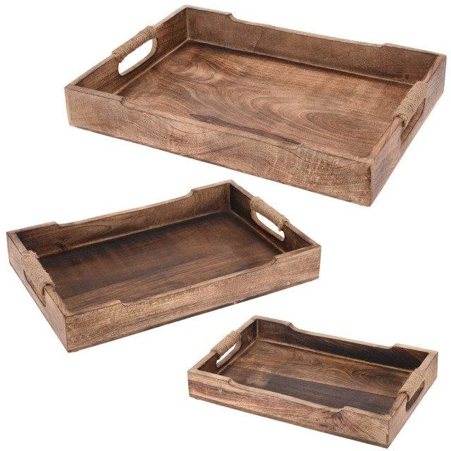 Excellent Houseware Easy 3 mango padėklų rinkinys, kaimiško stiliaus, nešiojimo rankenos, lengvas sandėliavimas, patvari medžiaga, ruda spalva