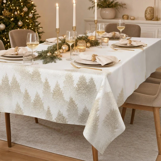 Fééric Lights and Christmas Holiday tablecloth with auksinis Christmas trees, polyester, 140 x 240 cm