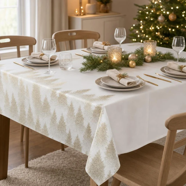 Fééric Lights and Christmas Holiday tablecloth with auksinis Christmas trees, polyester, 140 x 240 cm