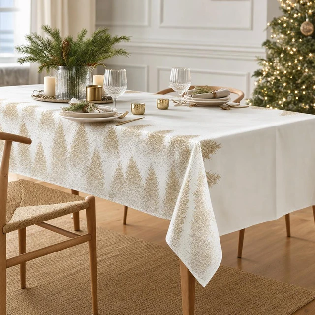Fééric Lights and Christmas Holiday tablecloth with auksinis Christmas trees, polyester, 140 x 240 cm