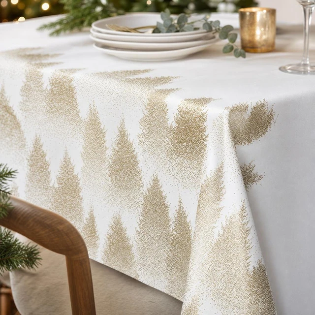 Fééric Lights and Christmas Holiday tablecloth with auksinis Christmas trees, polyester, 140 x 240 cm