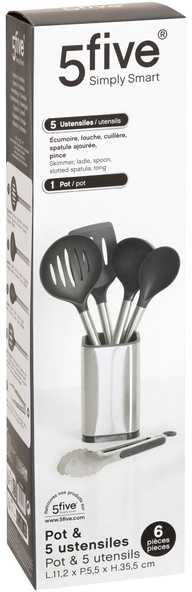 5five Simply Smart Steel 5 virtuvės reikmenų rinkinys su nerūdijančio plieno stovu.