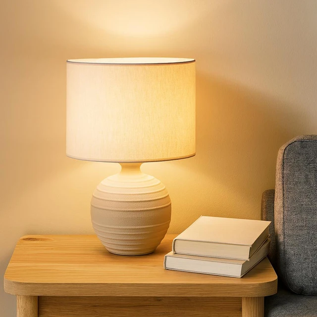 Home Styling Collection Lamp Stalinė lempa su apvaliu cementiniu pagrindu, lininiu gaubtu, Ø 32 x 47 cm