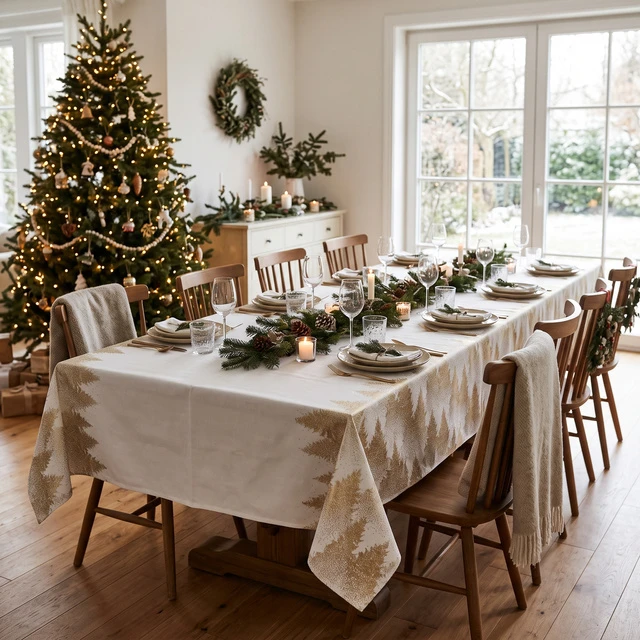 Fééric Lights and Christmas Festive tablecloth with golden Christmas trees, polyester