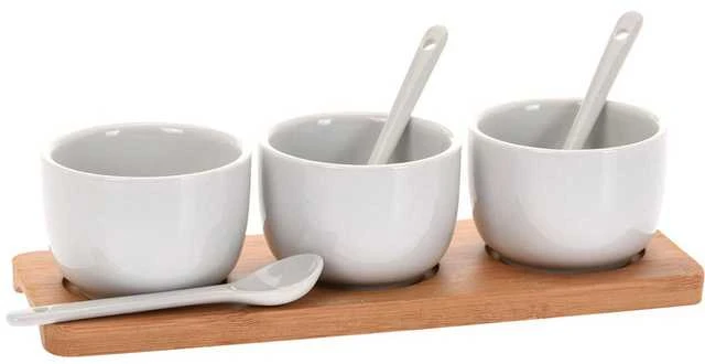 Mondex Užkandžių dubenėlių su šaukštais keraminė balta 90 ml 7 vnt.