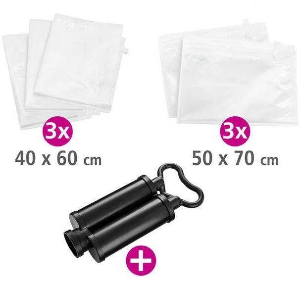 Vakuuminių laikymo maišelių rinkinys plastikinių maišelių+siurblys - 40 x 60 cm (3 vnt), 50 x 70 cm (2 vnt), WENKO