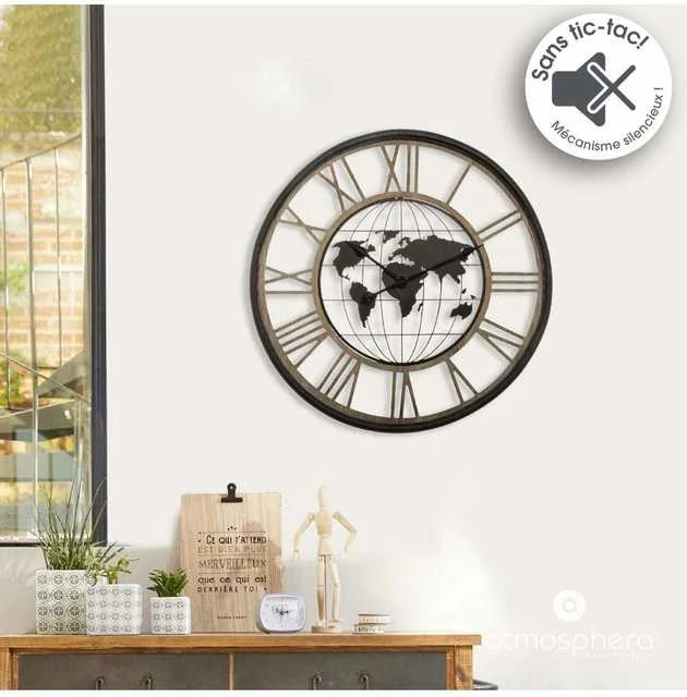 Atmosphera WORLD Sieninis laikrodis su pasaulio žemėlapiu ir romėniškais skaitmenimis, tylus mechanizmas, Ø 67 cm