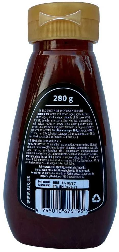 BBQ Entertainment Ultimate BBQ padažas su avietėmis ir chipotle, 280 g.