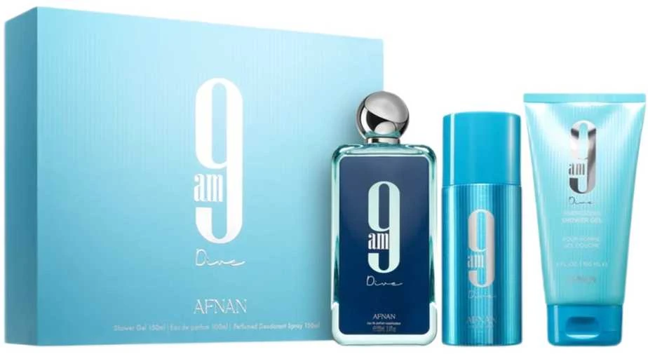 Unisex kvepalų rinkinys Afnan 9am Dive (EDP, 100 ml + purškiamas dezodorantas, 150 ml + dušo želė, 150 ml)