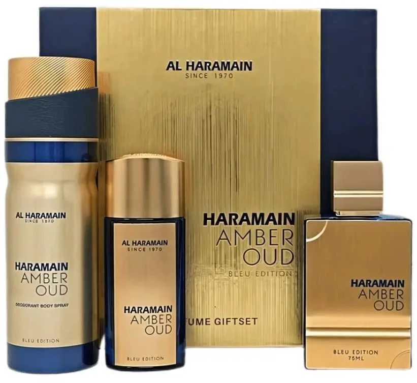 Al Haramain Amber Oud Bleu Edition rinkinys: 75ml EDP purškiklis + 30ml EDP purškiklis + 200ml dezodorantas