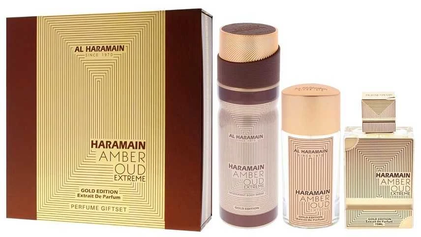 Al Haramain „Amber Oud Gold Edition Extreme“ rinkinys su kvepalų ekstraktu (75 ml) + kvepalų ekstraktu (30 ml) + dezodorantu (200 ml)