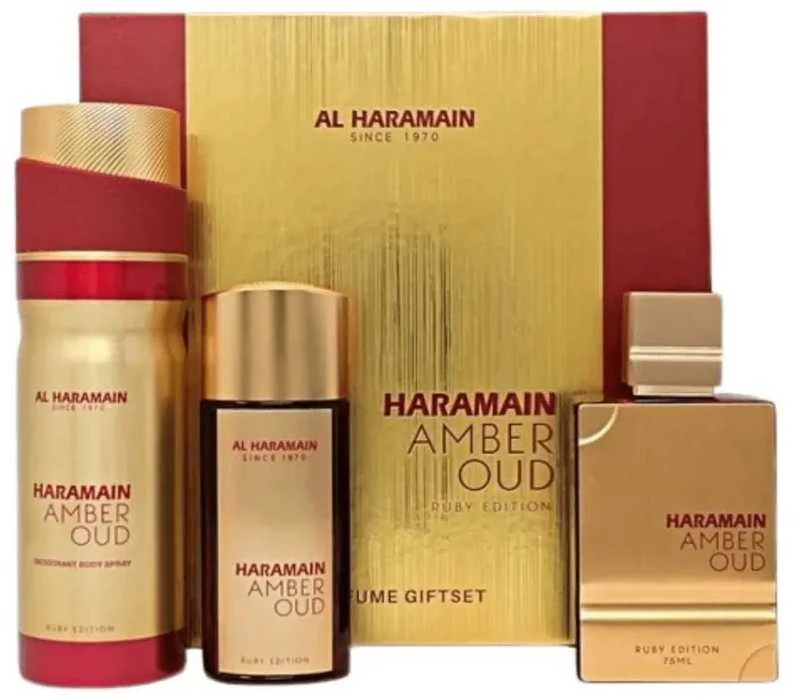 Al Haramain Amber Oud Ruby Edition rinkinys parfuminio vandens purškiklis 75ml + parfuminio vandens purškiklis 30ml + purškiamas dezodorantas 200ml