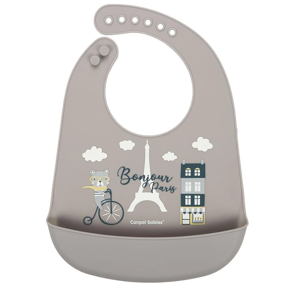 Canpolbabies CANPOL BABIES silikoninis seilinukas su kišene BONJOUR PARIS, tamsiai smėlio spalvos, 74/027_bei