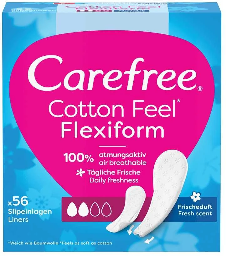 „Carefree“ medvilniniai įklotai „Flexiform Fresh Scent“ – gaivus kvapas, 1 pakuotė – 56 vnt.