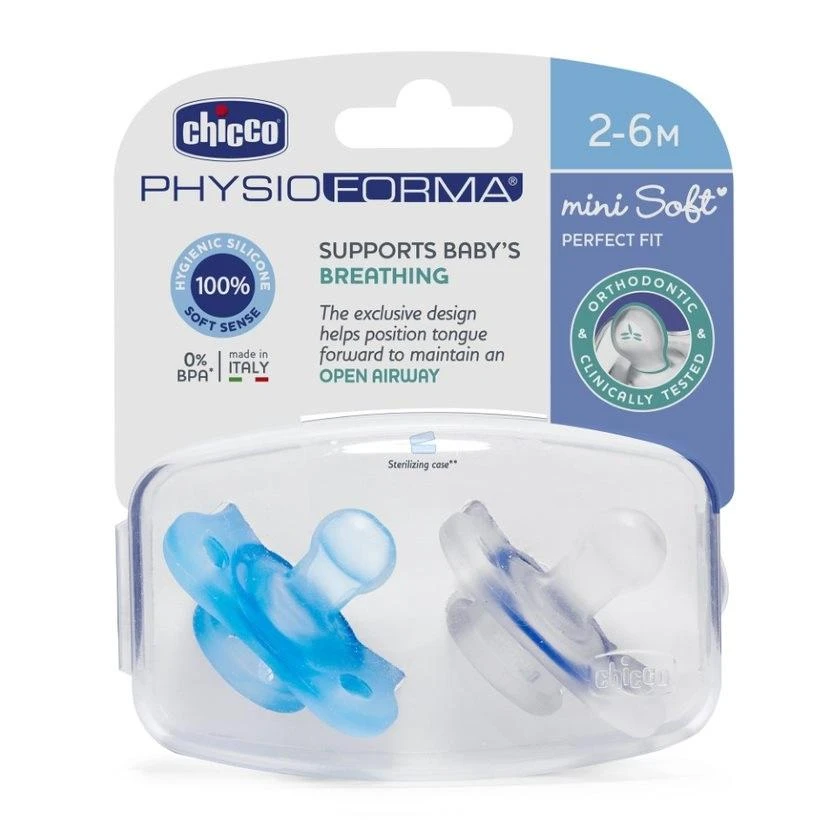 "Chicco PhysioForma Mini Soft Mėlyna" minkštas mėlynas silikoninis čiulptukas 2-6 mėn. 2 vnt