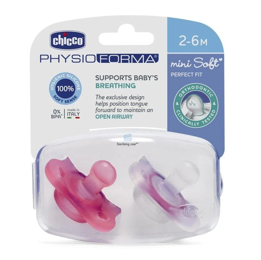 Chicco PhysioForma Mini minkštas silikoninis čiulptukas čiulptukas 2-6 mėnesių 2 vienetai baltos ir rožinės spalvos