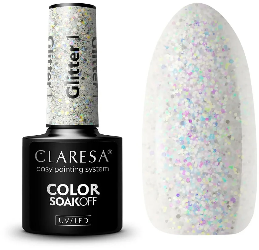 Claresa Soak Off UV/LED ilgalaikis hibridinis nagų lakas 5g., Spalva: Glitter 1