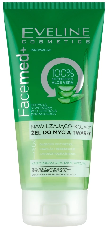 Eveline Cosmetics Eveline FaceMed+ 100% Aloe Vera drėkinamasis ir raminamasis veido prausimo gelis, 150 ml