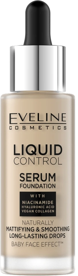 „Eveline Cosmetics“ skystas makiažo pagrindas „Eveline Liquid Control HD Mattifying Drops“ 015 šviesi vanilė, 32 ml