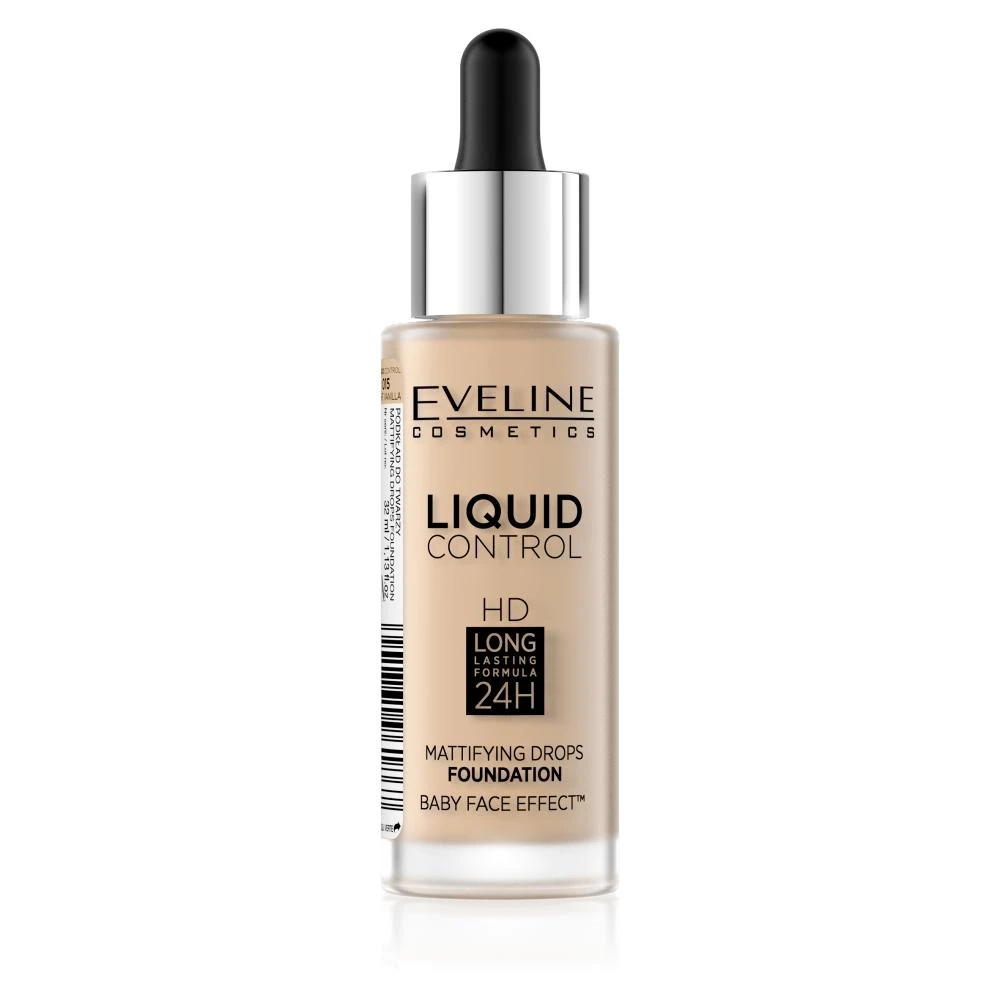 „Eveline Cosmetics“ skystas makiažo pagrindas „Eveline Liquid Control HD Mattifying Drops“ 015 šviesi vanilė, 32 ml