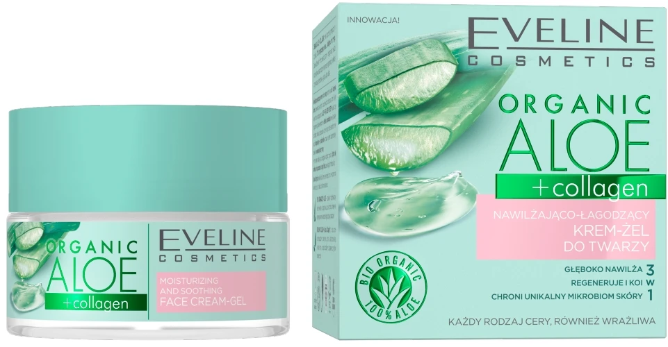 „Eveline Cosmetics“ drėkinamasis ir raminamasis veido kremas-gelis su organiniu alaviju ir kolagenu, 50 ml