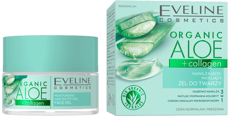 „Eveline Cosmetics“ drėkinamasis ir matinį atkuriamasis veido gelis su organiniu alaviju ir kolagenu, 50 ml