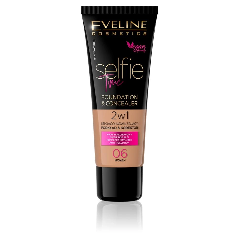 Eveline Cosmetics Eveline Selfie Time 2in1 makiažo pagrindas & Maskuoklis 06 Medus, 30 ml