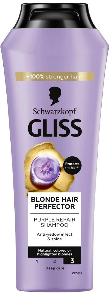Schwarzkopf Gliss Skirtas šviesiems plaukams Hair Perfector Violetinė Repair Šampūnas Šampūnas moterims, 250 ml