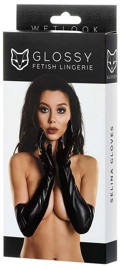 Glossy Selina blizgios alkūnės pirštinės juodos M