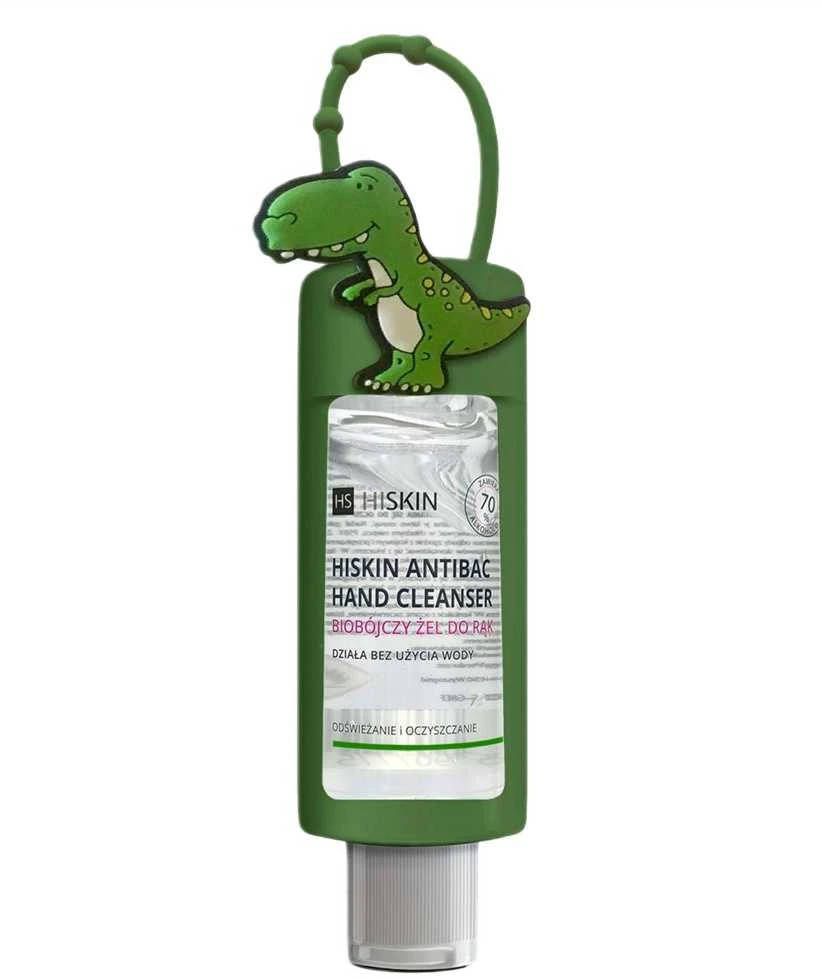 HISKIN Antibac Hand Valiklis+ Biocidinis rankų gelis su mangų kvapu - dinozauras (75 ml buteliukas + dėklas)